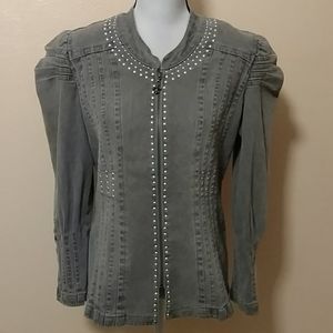 Med. Gray pleated & pearl sequined denim jean jack